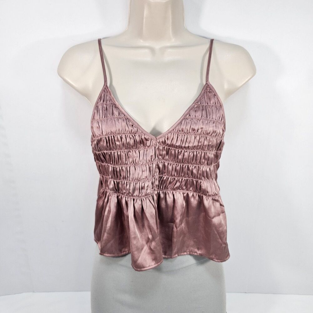 Urban Outfitters Cleo Smocked Babydoll Satin Cami Crop Top Medium Rose Gold